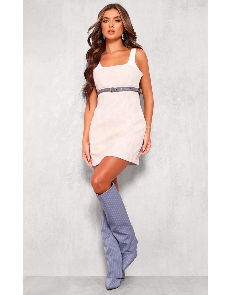 Light Grey Faux Leather Contrast Belted Bodycon Dress
