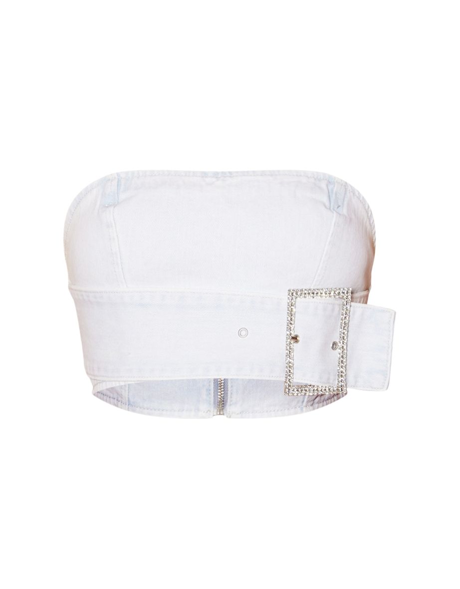Light Blue Diamanté Belt Detail Bandeau Denim Top - 4