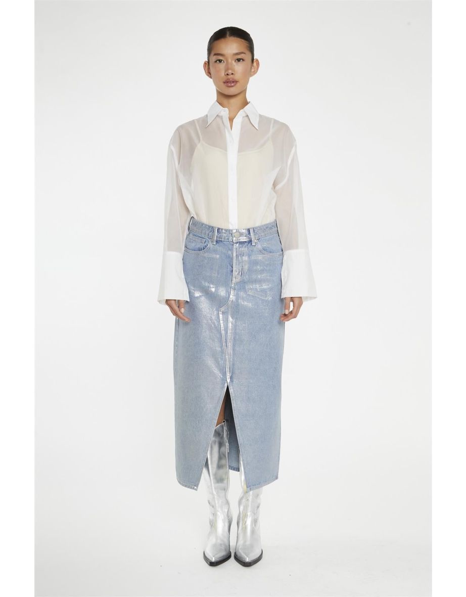 Blue Silver-Foil Denim Midi-Skirt