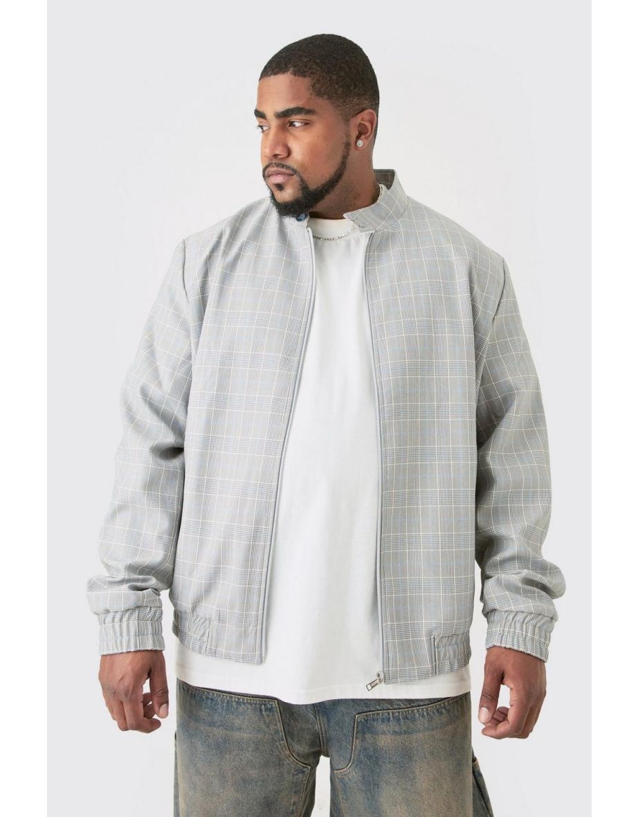 Plus Check High Neck Zip Up Smart Bomber Jacket - grey