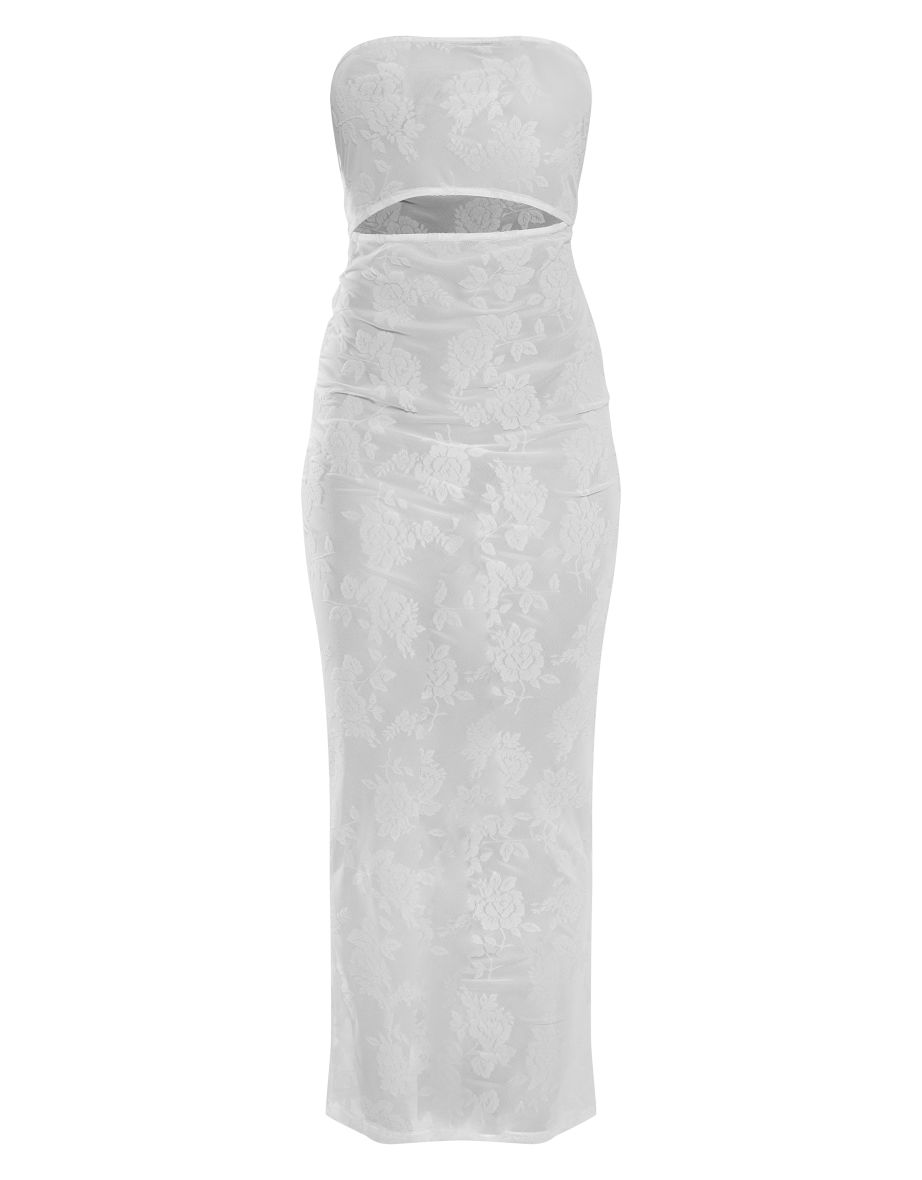 Cream Devore Mesh Panel Bandeau Maxi Dress - 3