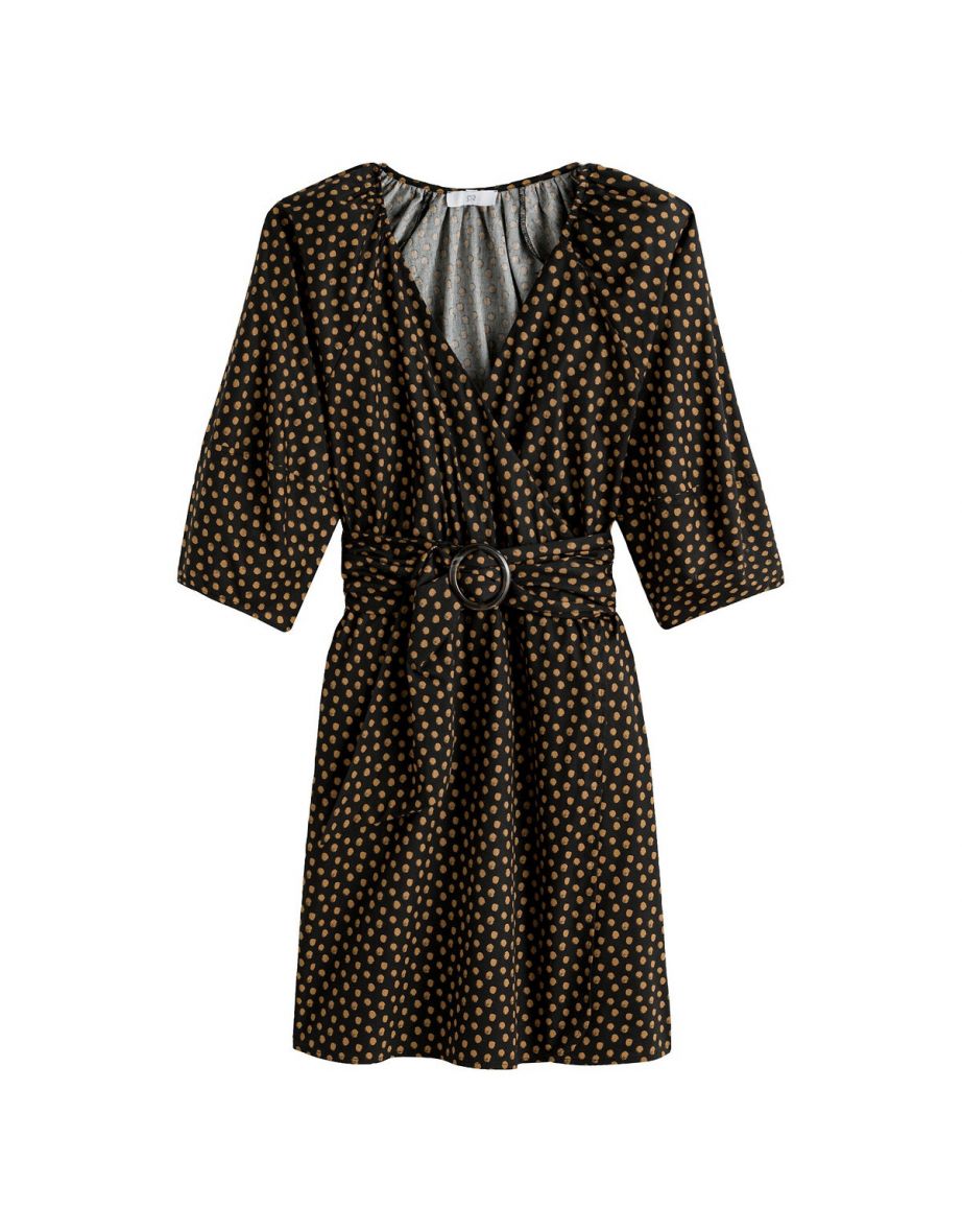 Cotton Faux Wrapover Dress in Polka Dot Print with 3/4 Length Sleeves - 4