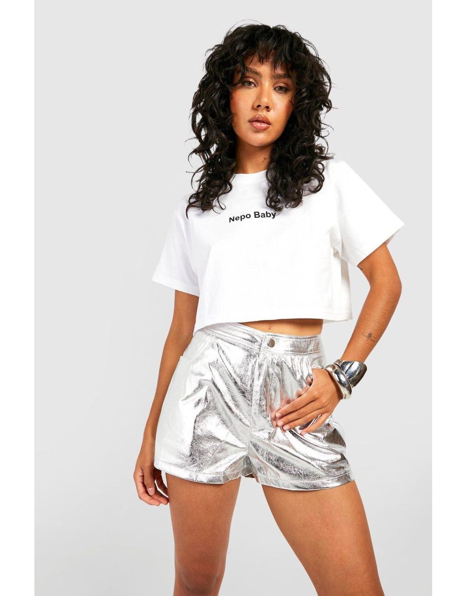 High Waisted Metallic Shorts - silver