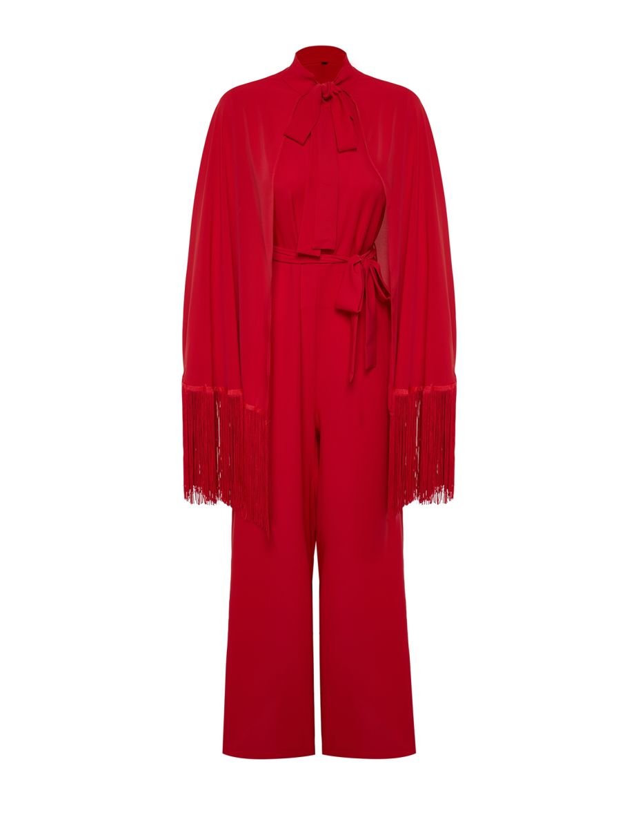 Red Tasseled Cape-Jumpsuit Evening Dress Suit - 7