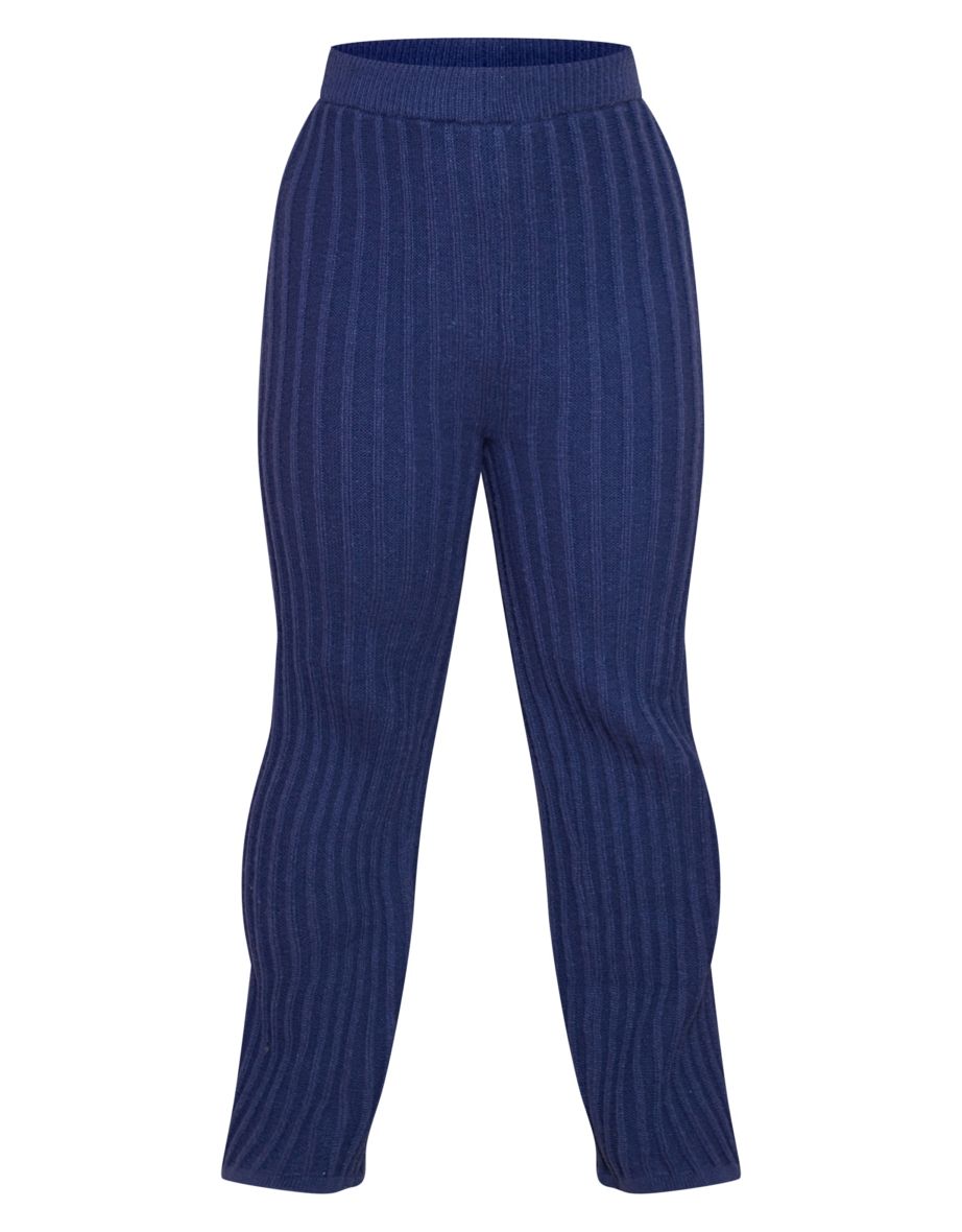 PRETTYLITTLETHING Plus Navy Ribbed Wide Leg Knitted Trousers - 4