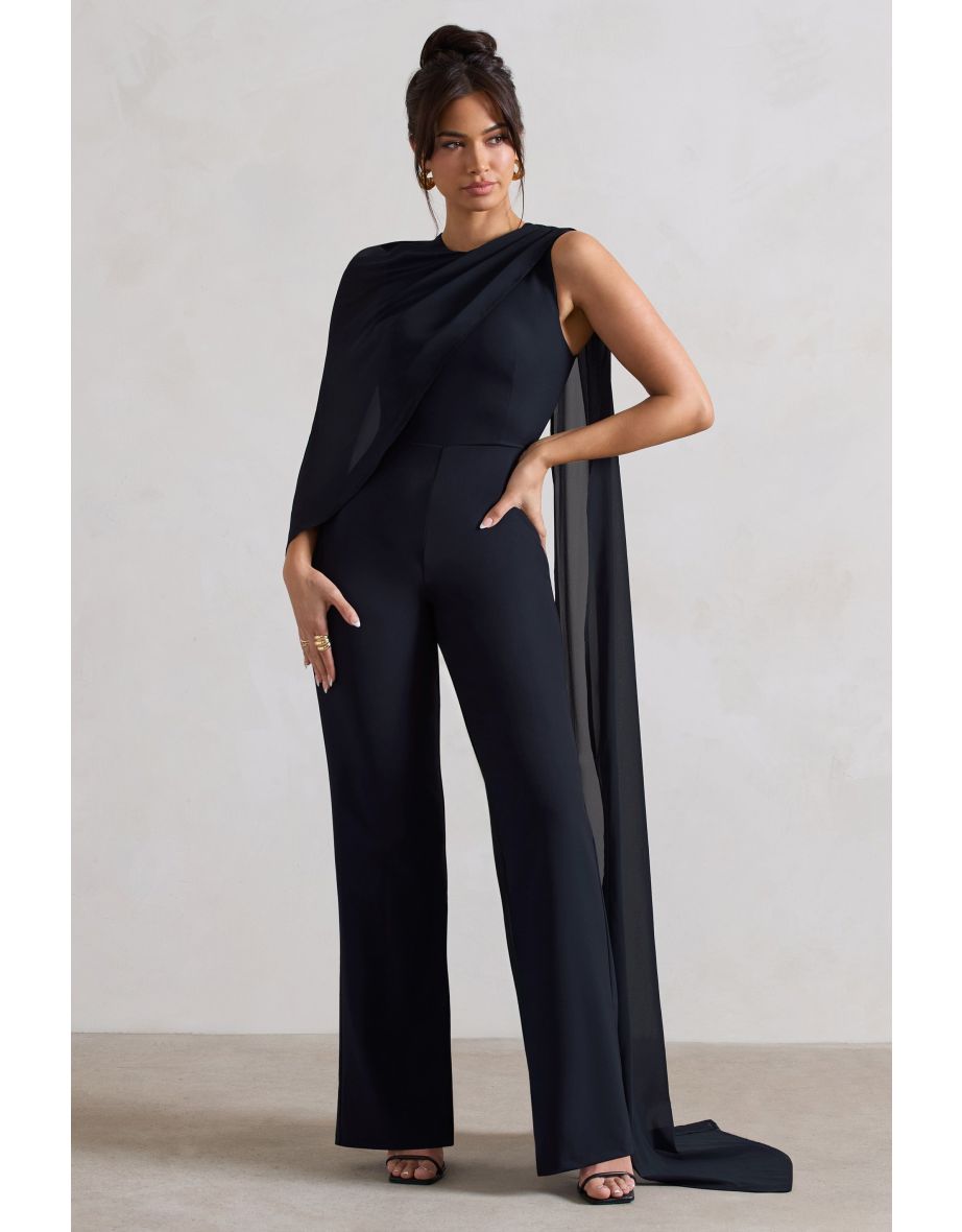 Malina | Navy Straight-Leg Jumpsuit With Chiffon Cape