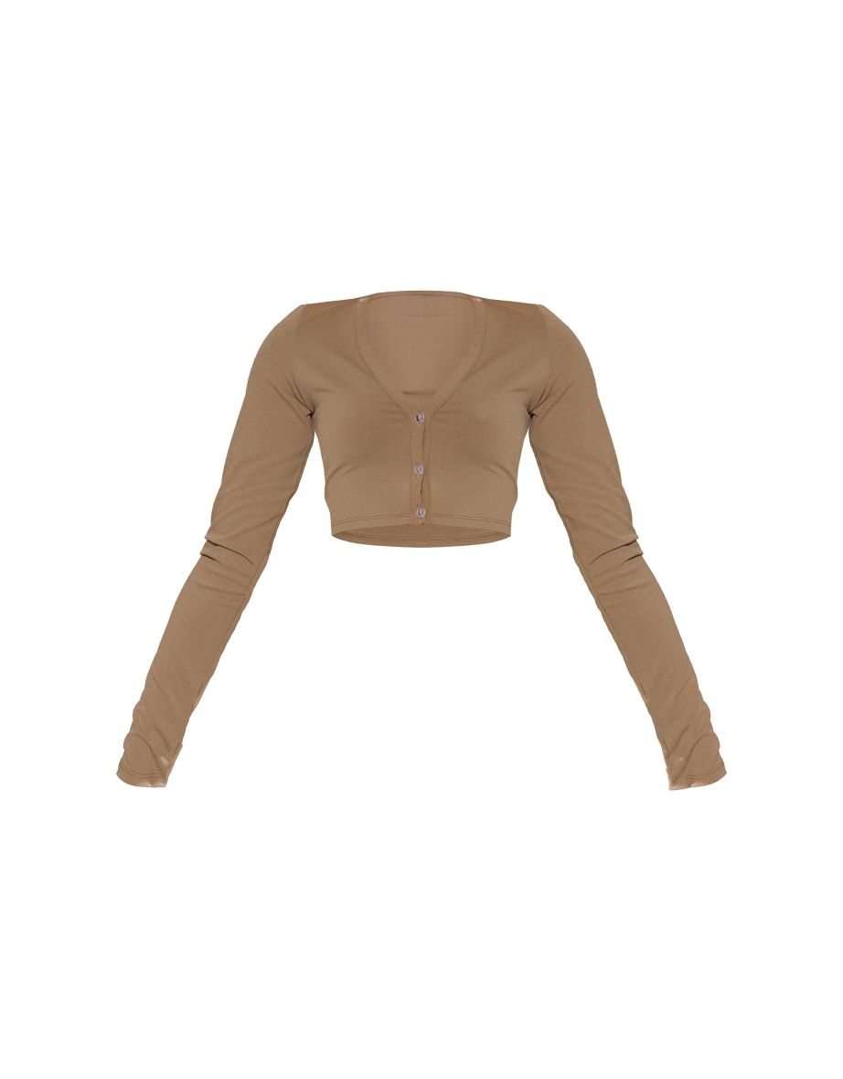 Taupe Soft Textured Long Sleeve Crop Top - 4