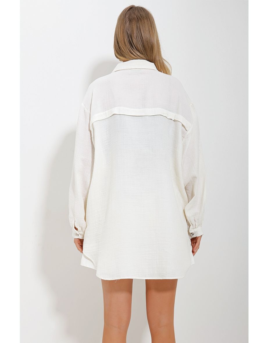 Women's Cream Balloon Sleeve Oversize Muslin Shirt - 5