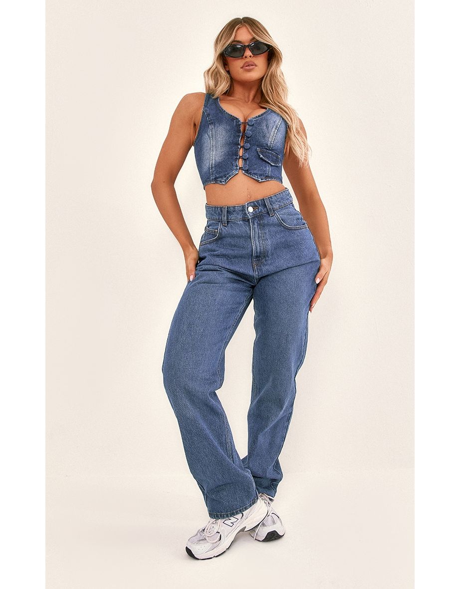 PRETTYLITTLETHING Mid Blue Wash High Rise Straight Leg Jeans