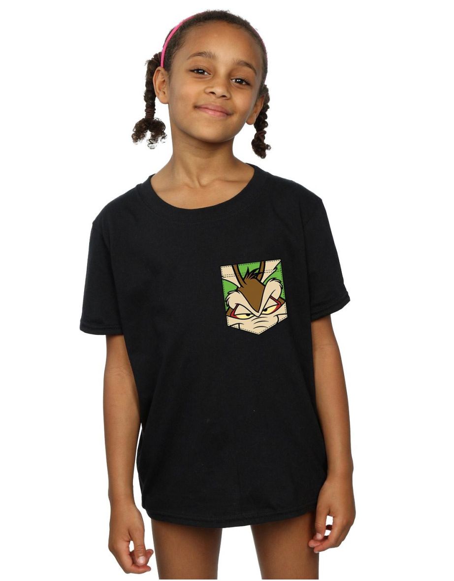 Looney Tunes Girls Wile E Coyote Face Faux Pocket Cotton T-Shirt - Black