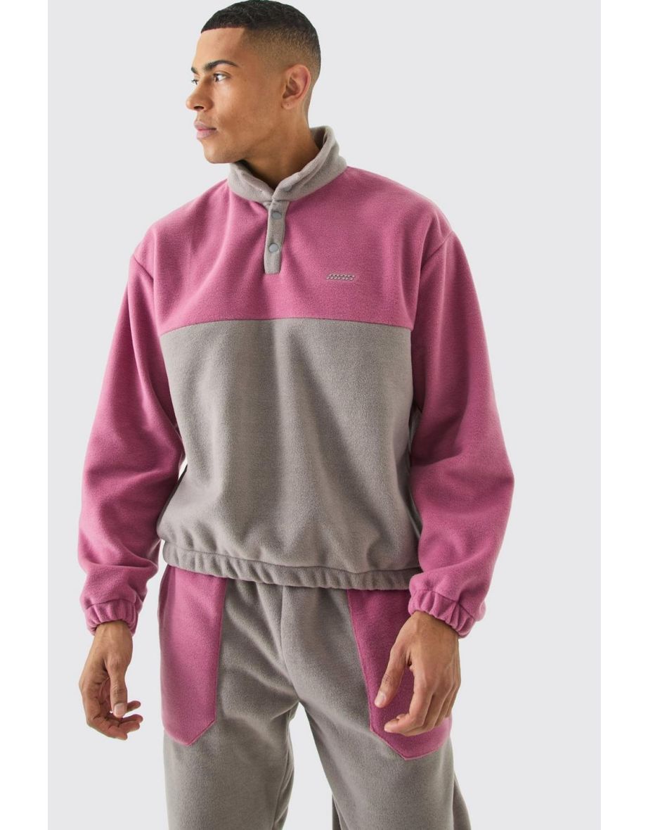 Man Oversized Popper Neck Colour Block Fleece Tracksuit - mink