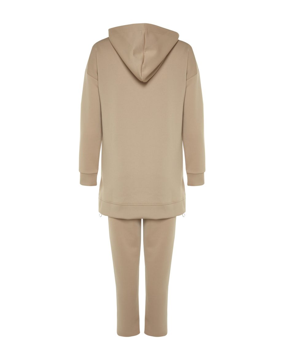 Cream Knitted Scuba Skirt Zipper Detailed Tracksuit Set - 10