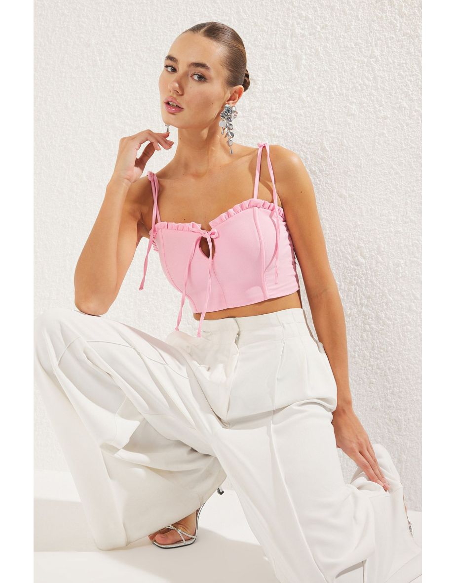 Pink Tie Detail Ruffled Crop Woven Bustier