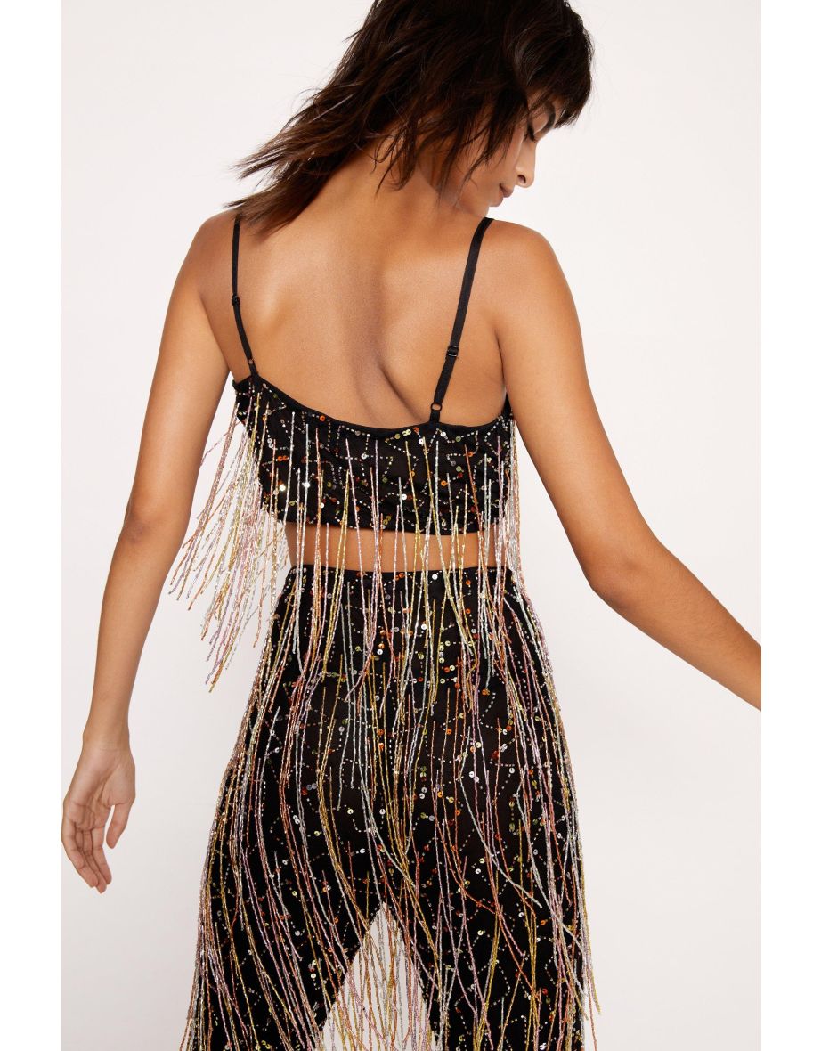 Sequin Tassel Beaded Crop Top - 3
