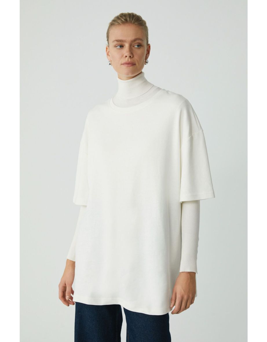 Modest Vivian Women's 100% Organic Cotton Oversize Fit Crew Neck Cream Plus Size T-shirt