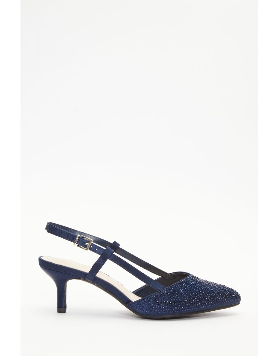 Wide Fit Navy Satin Diamante Low Court Heels