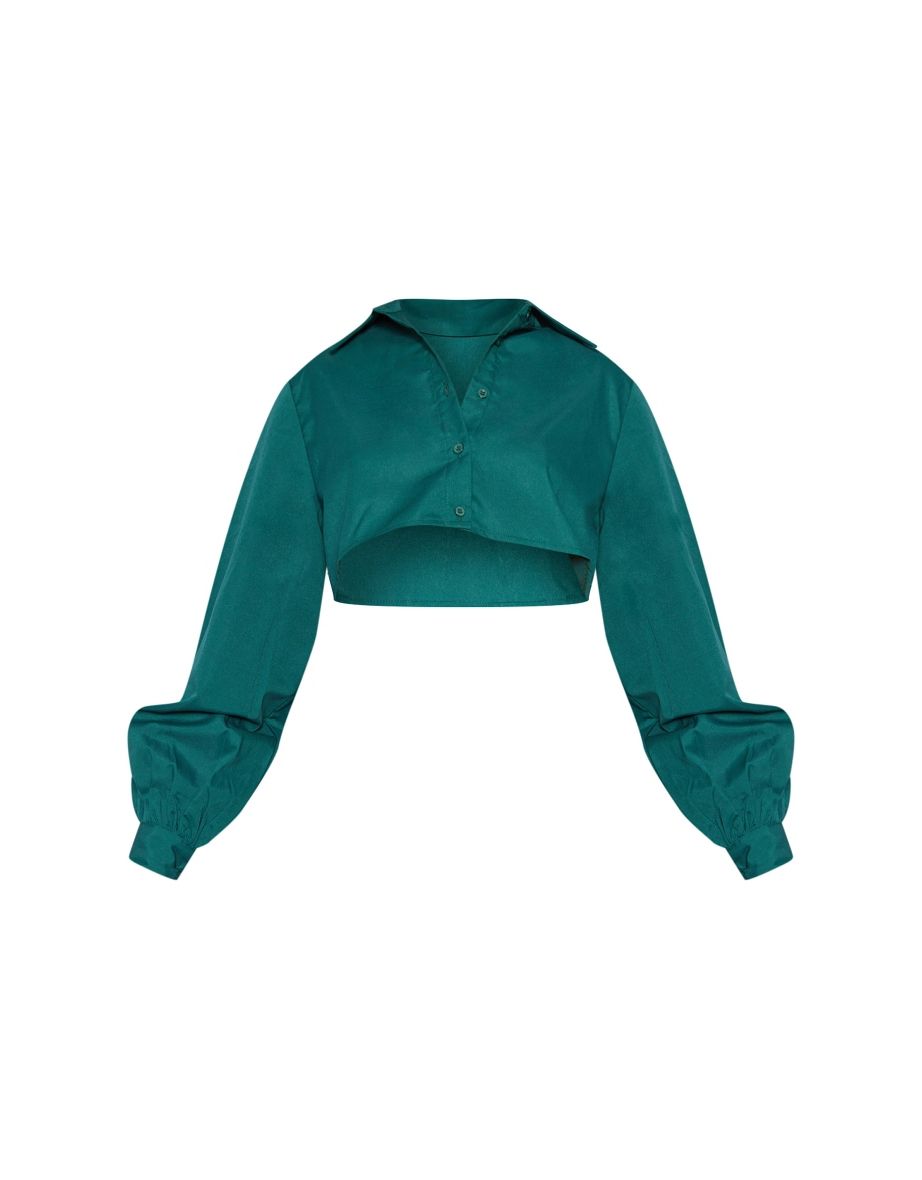 Emerald Green Woven Oversized Cropped Shirt - 4