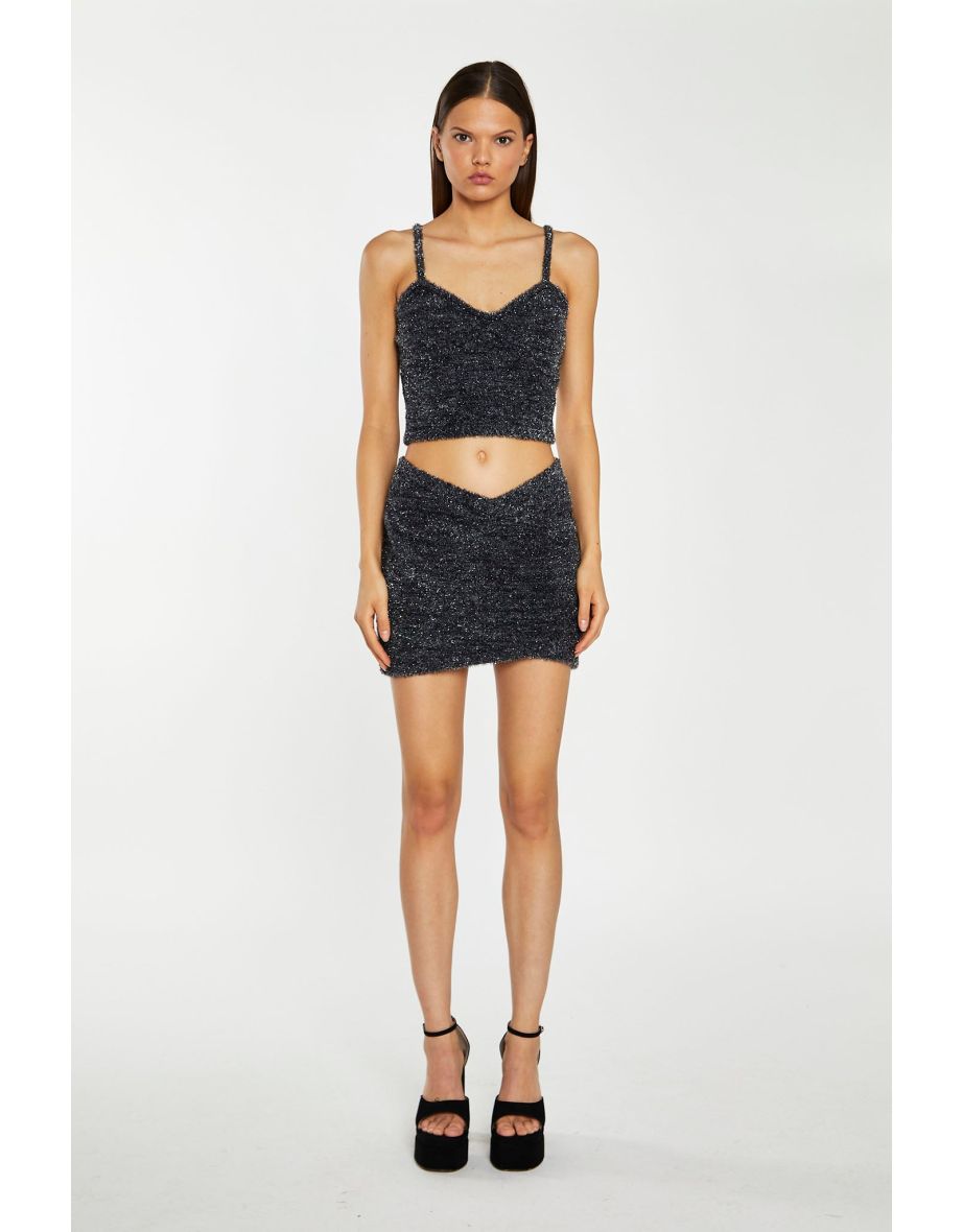 Black-Silver Tinsel Cross-Over Front Mini-Skirt