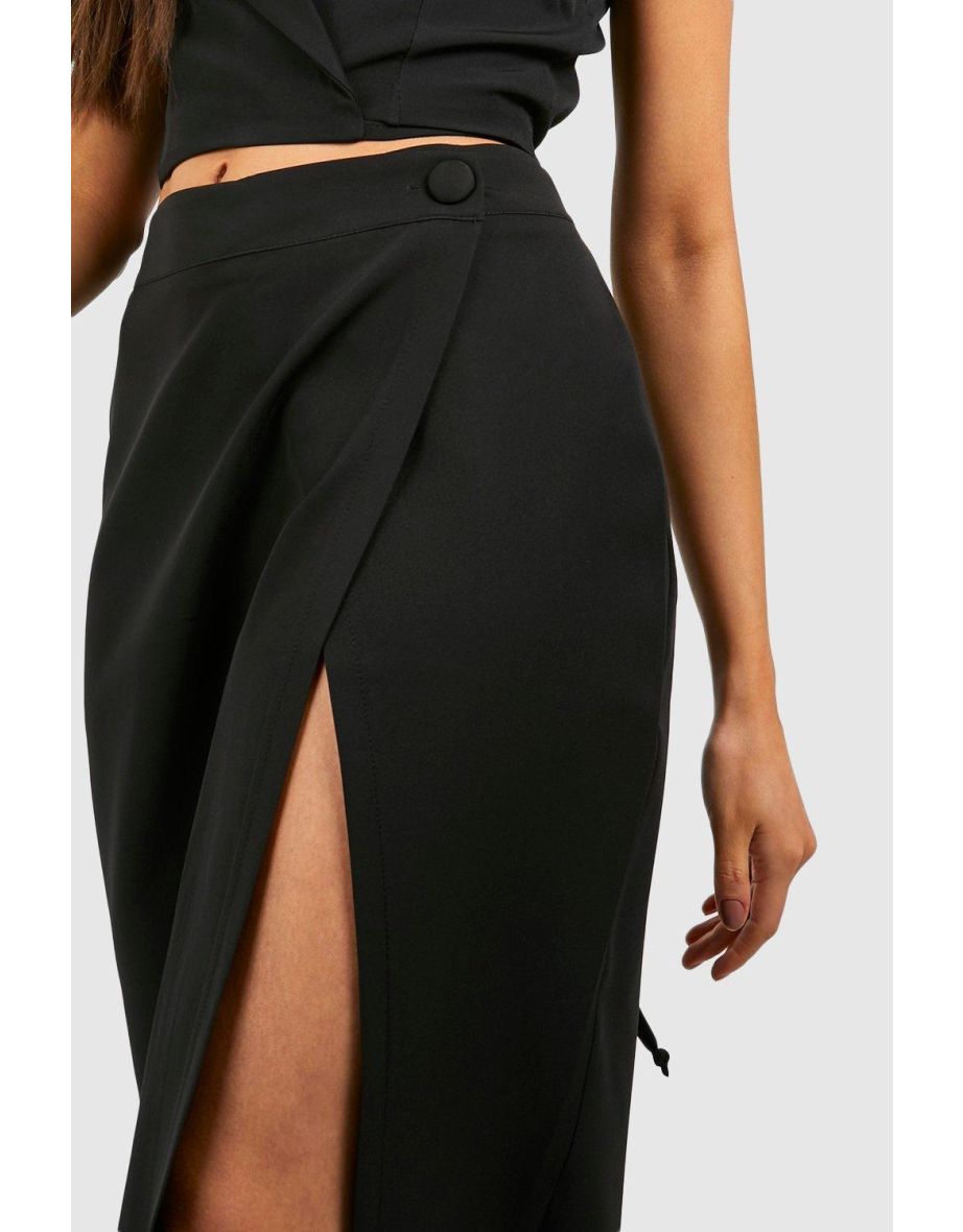 Thigh Split Wrap Front Tailored Maxi Skirt - black - 3