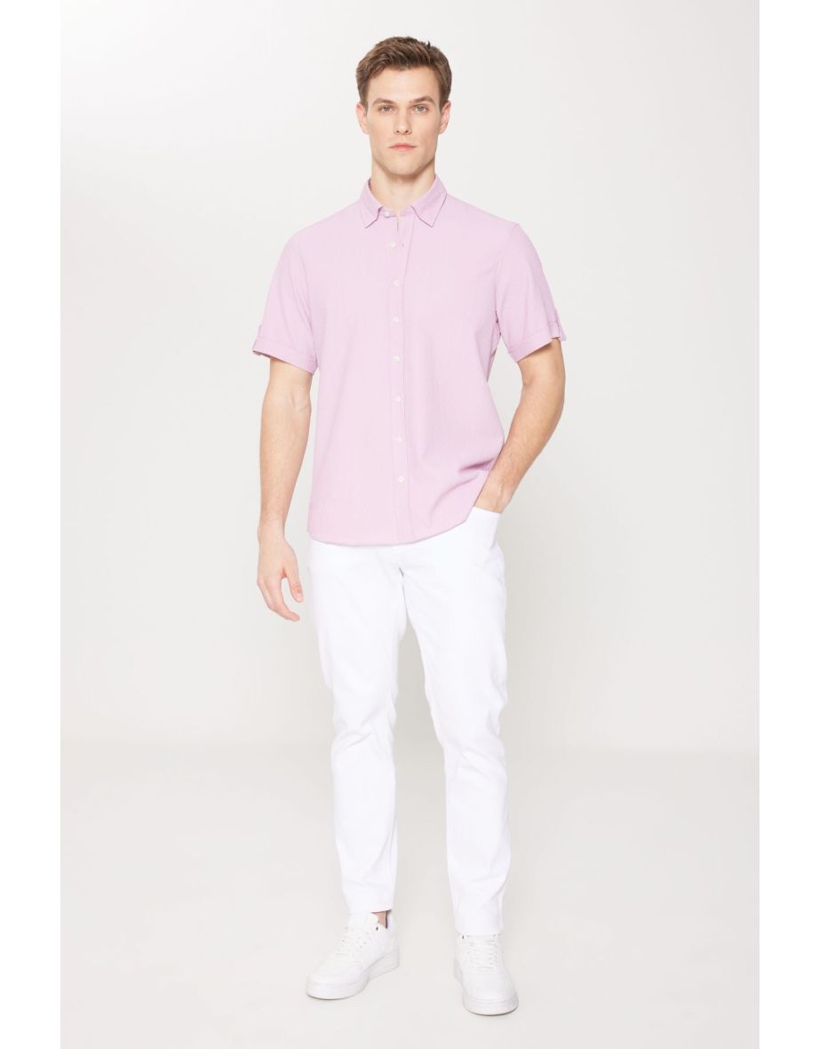 Men's Lilac Slim Fit Slim Fit Hidden Button Collar Short Sleeve Shirt