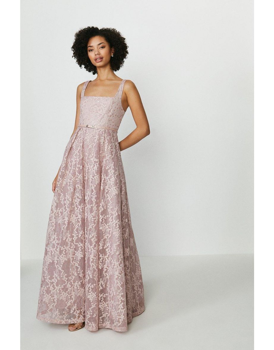 Square Neck Belted Lace Maxi Dress