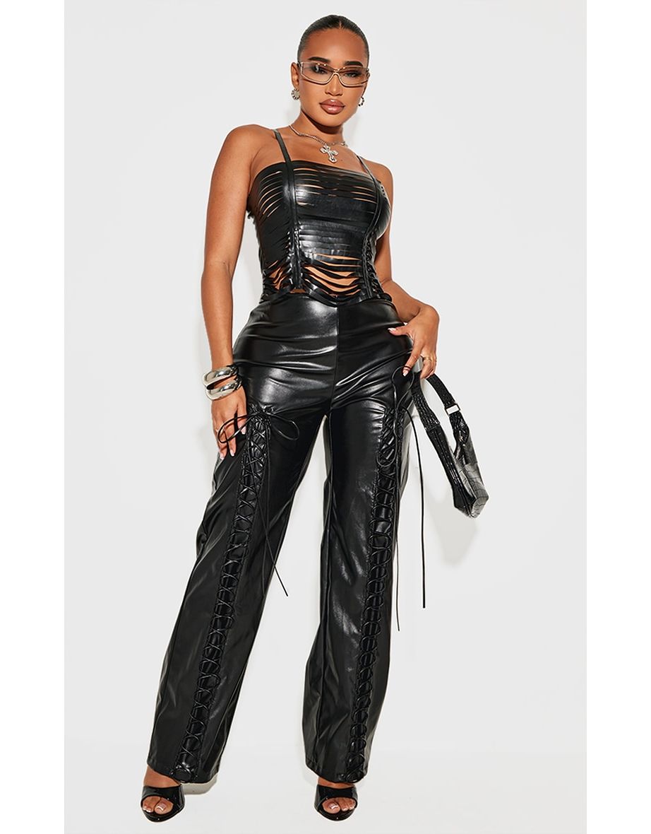 Shape Black Lace Up Faux Leather Trousers