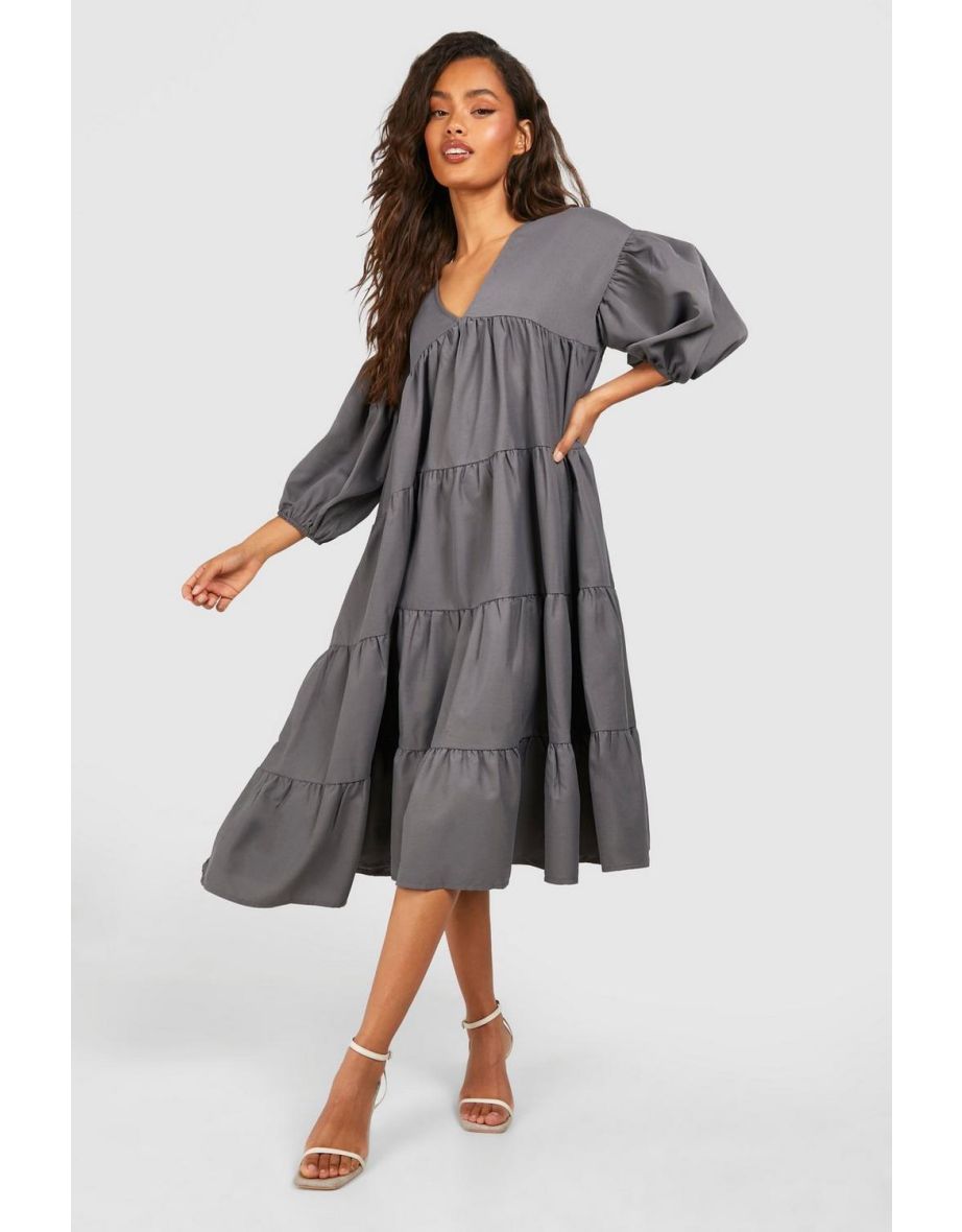 Poplin V Neck Tiered Midi Smock Dress - charcoal