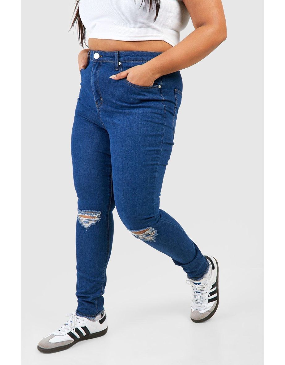 Plus Denim Rip Knee & Frayed Hem Skinny Jeans - 3
