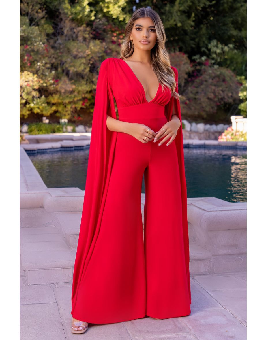 Red Plunge Front Cape Jumpsuit - 3