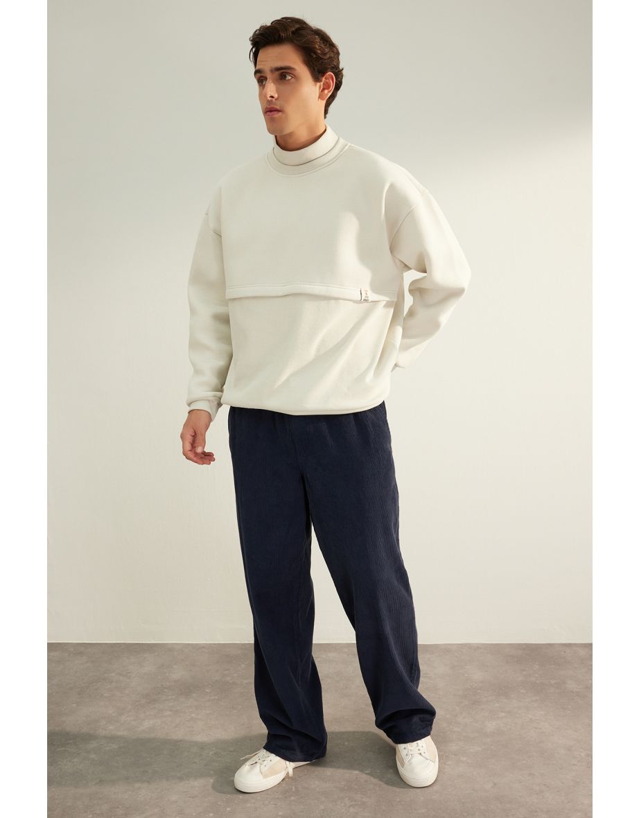 Limited Edition Stone Men's Oversize/Wide-Cut Half Turtleneck Tag Fleece Inside Thick Sweatshirt.