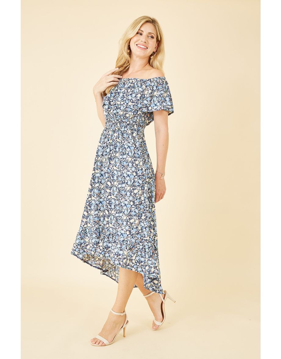 Mela Blue Floral Ditsy Bardot Midi Dress