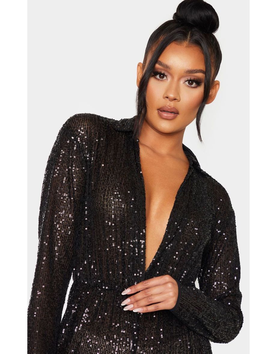 Black Sequin Collar Detail Long Sleeve Jumpsuit - 4