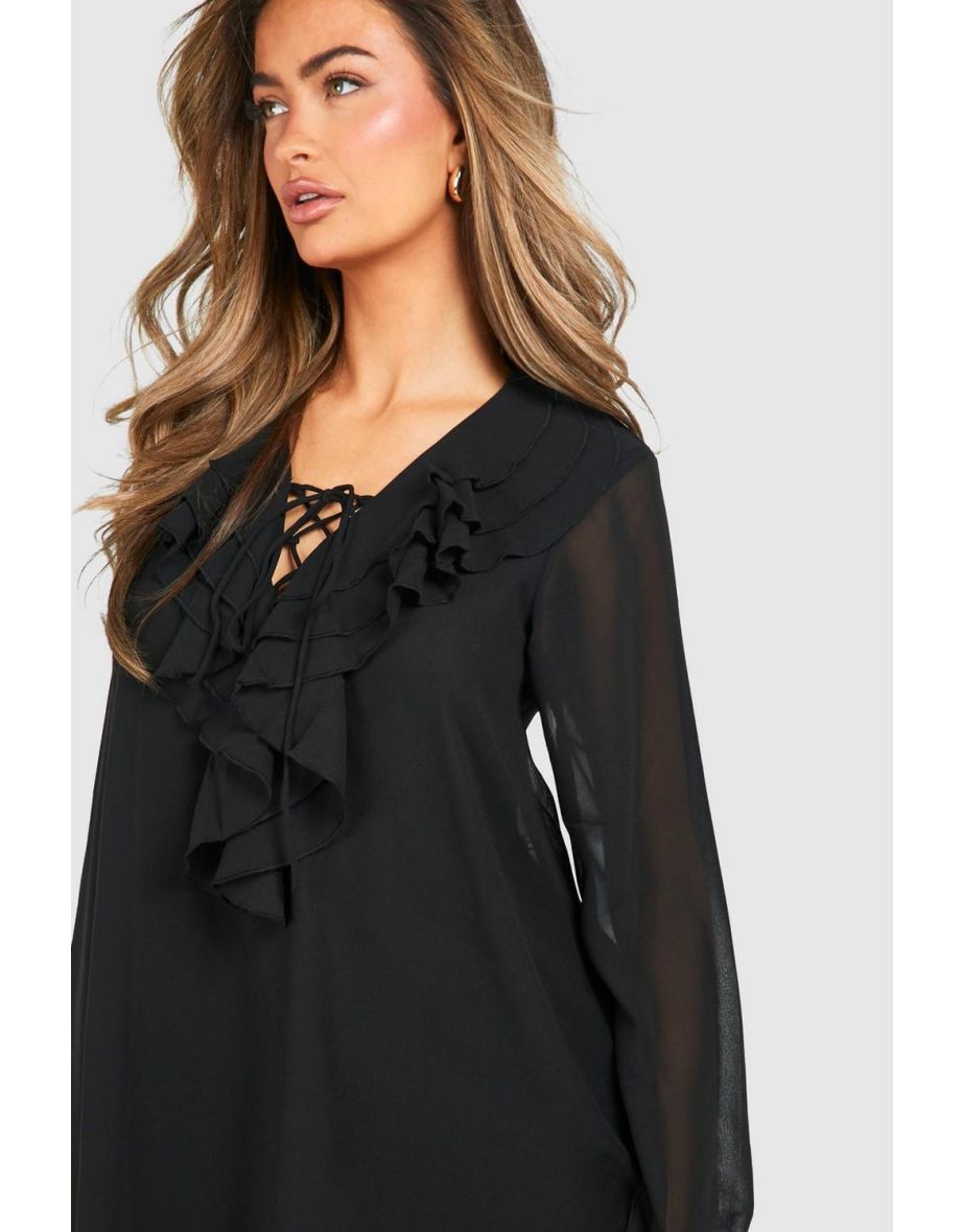 Chiffon Ruffle Front Mini Dress - black - 3