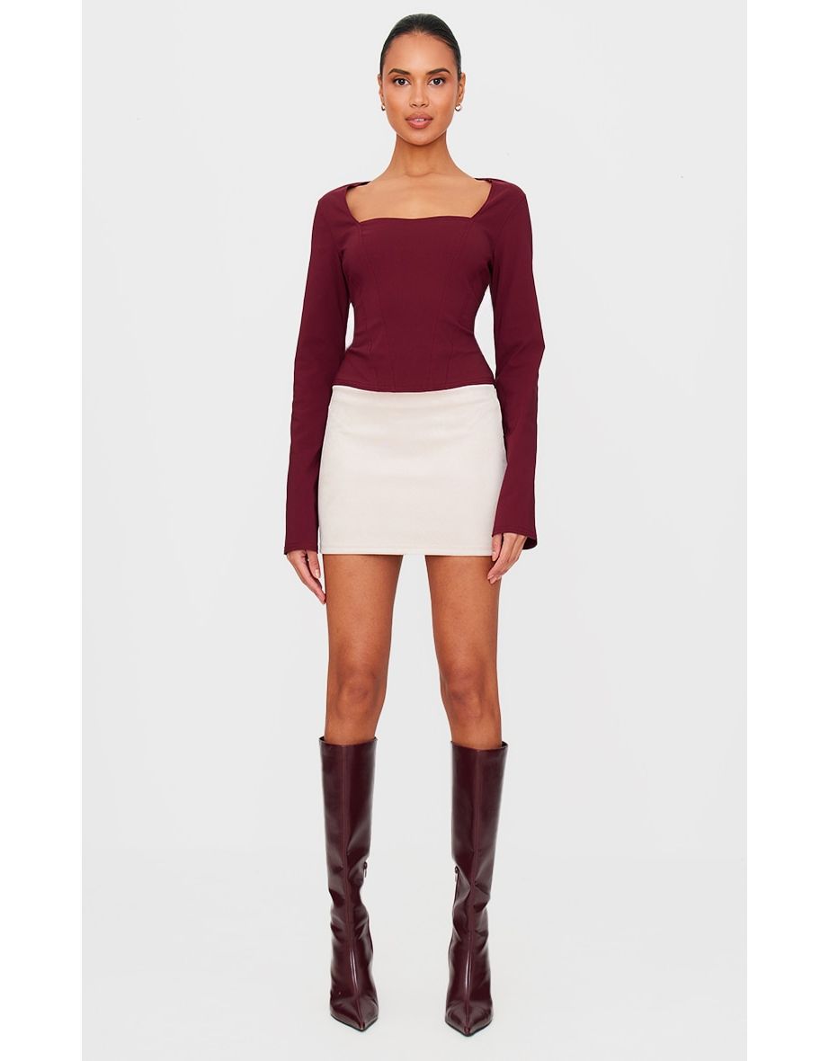 Burgundy Bengaline Square Neck Long Sleeve Top