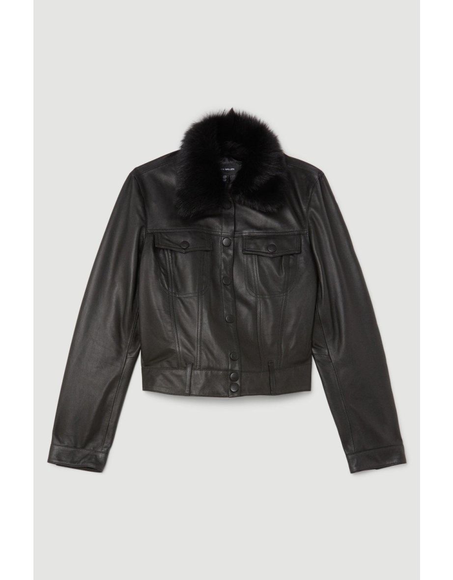 Leather Detachable Shearling Collar Trucker Jacket - 3