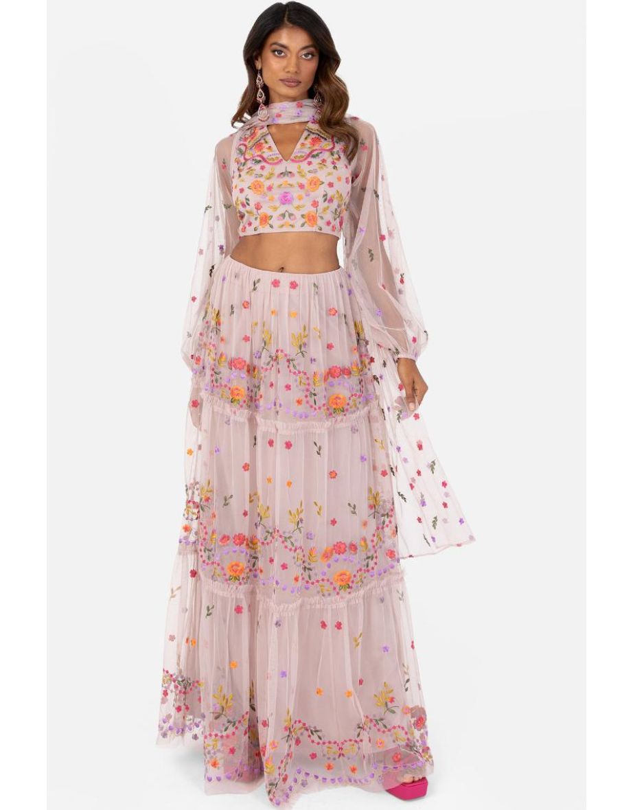 Maya Pink Floral Embroidery Lehenga Scarf