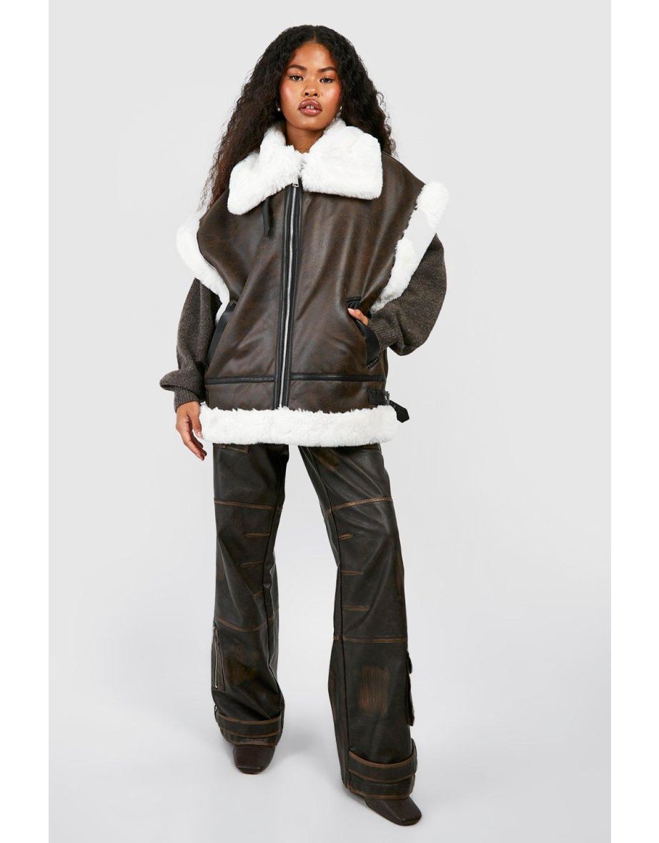 Super Oversized Faux Fur Trim Aviator Gilet - dark brown - 3