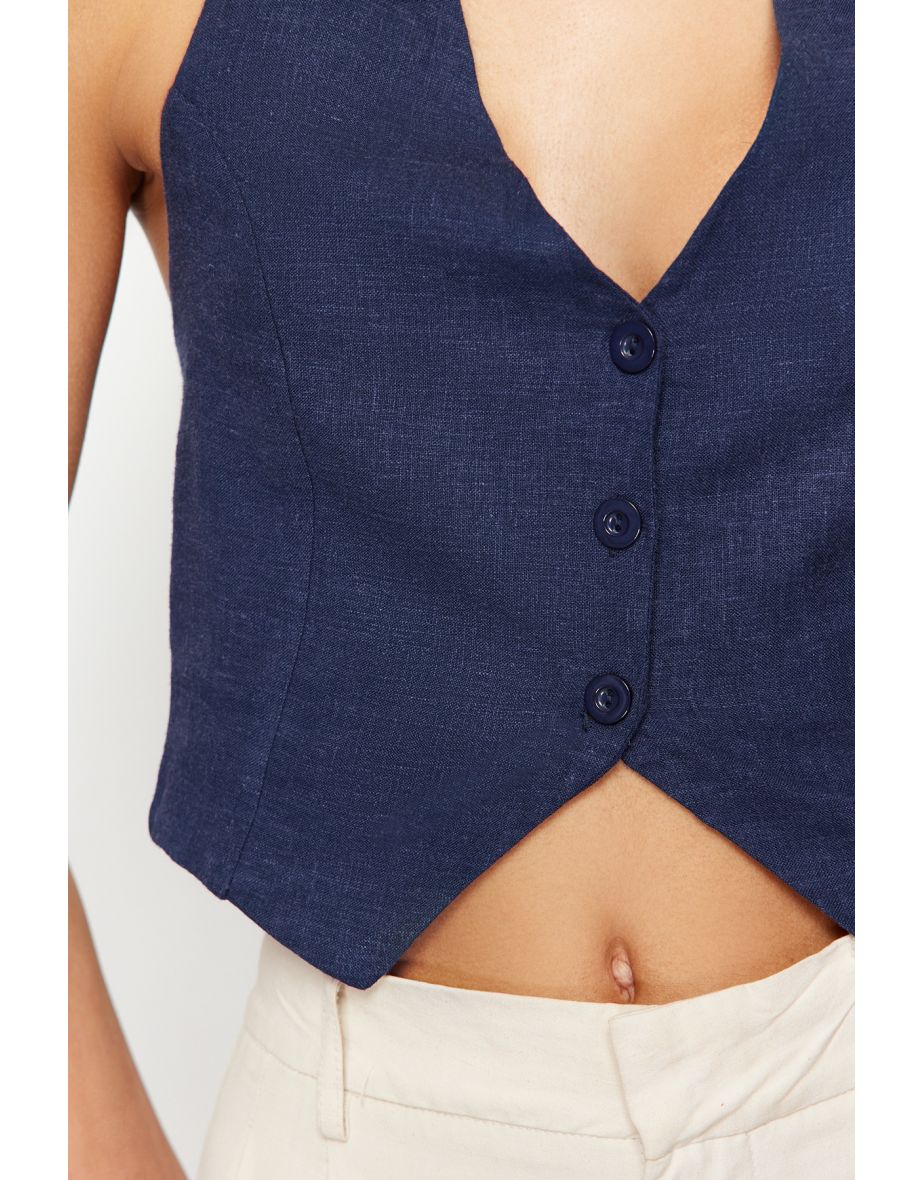 Indigo Halter Gathered Back Cotton Linen Woven Top - 5