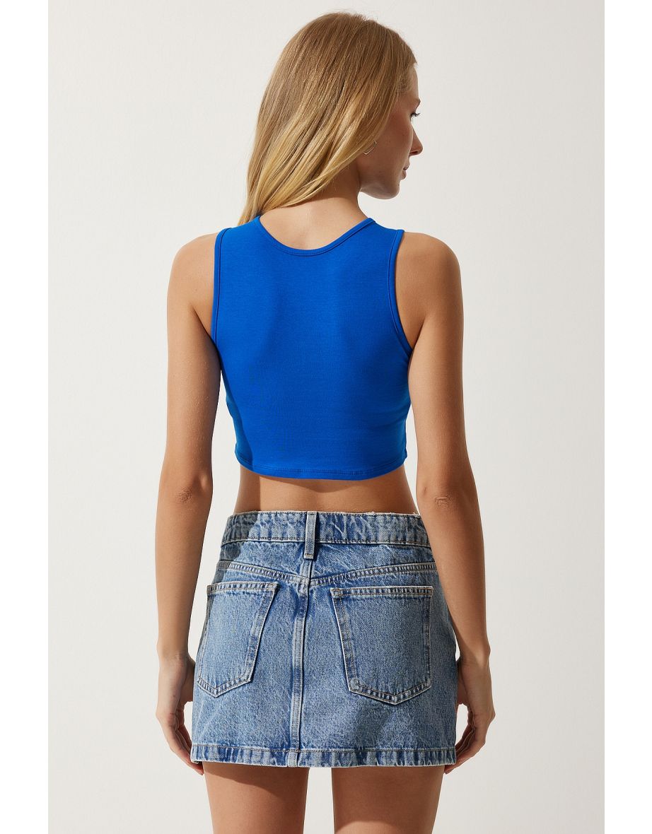 Women's Blue Halter Neck Crop Knitted Blouse - 5