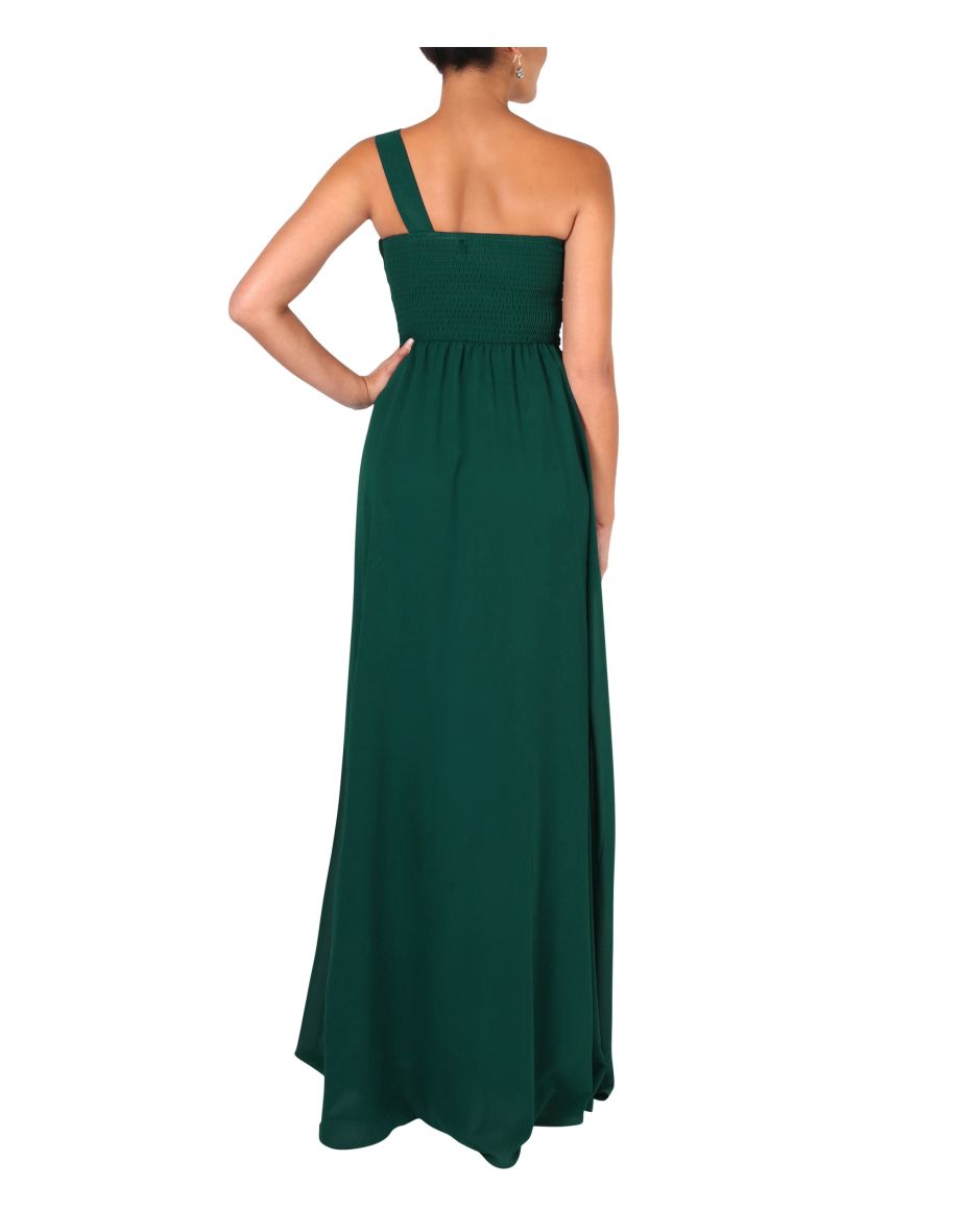One Shoulder Evening Maxi Dress - Dark Green - 2