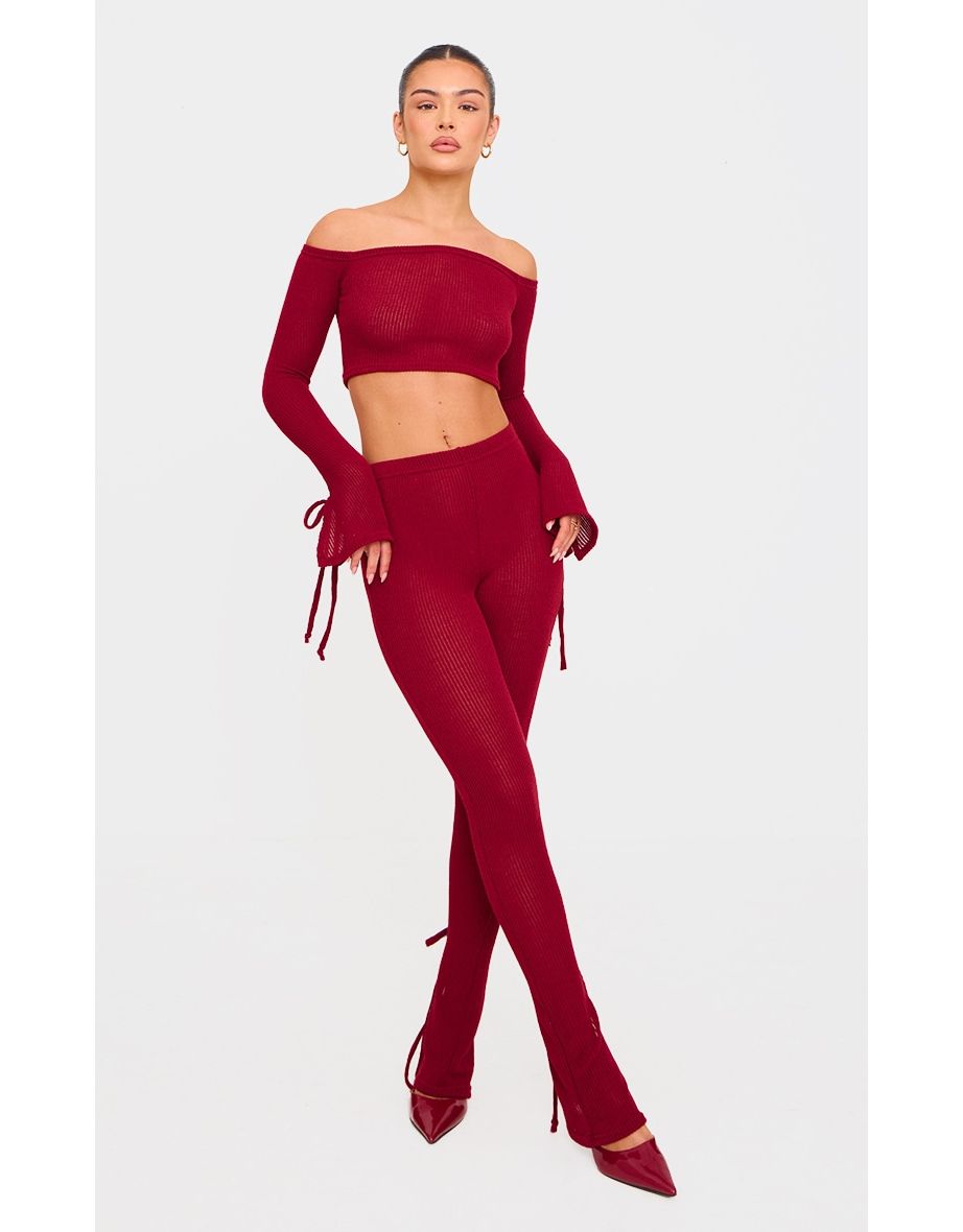 Cherry Red Sheer Soft Rib Bardot Long Sleeve Crop Top