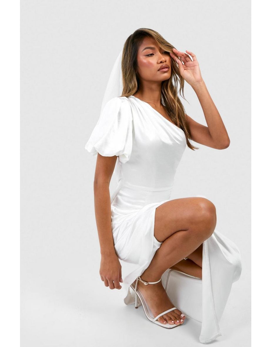 Satin Puff Sleeve Asymmetric Maxi Dress - white - 3