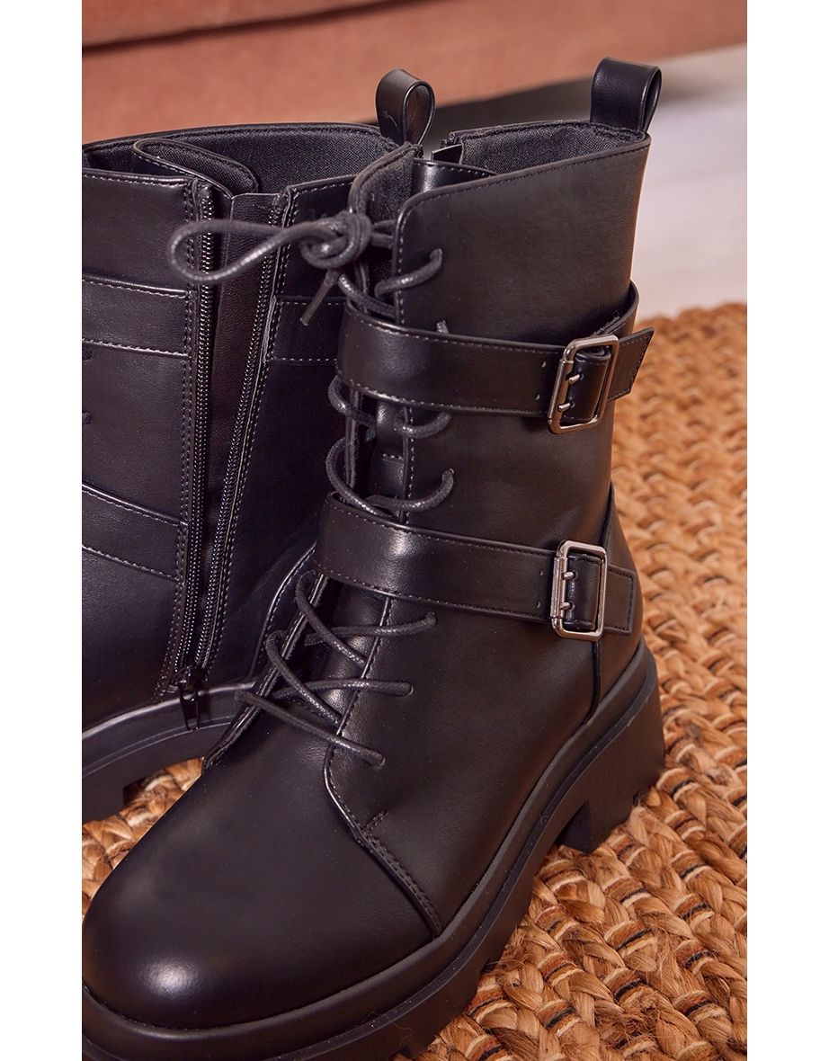 Wide Fit Faux Leather Double Buckle Lace Up Platform Ankle Boots - 3