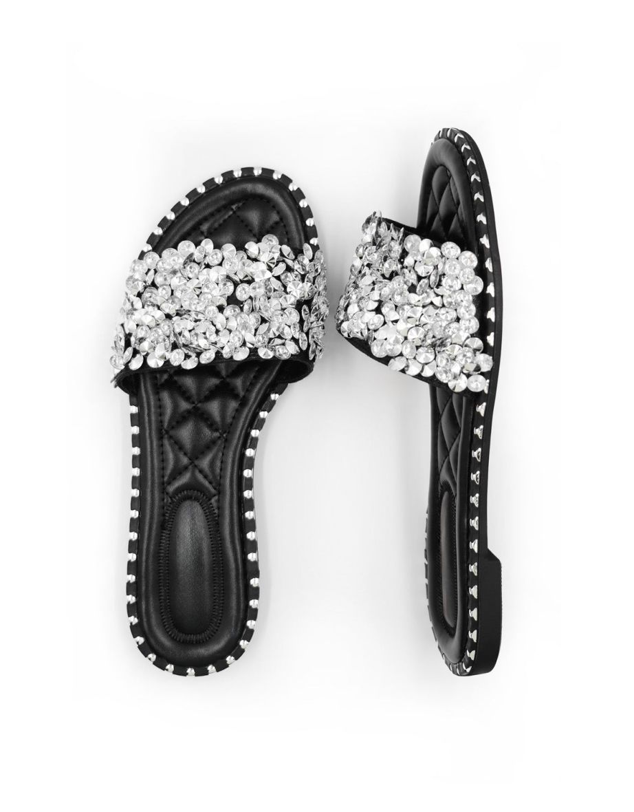 BELLE DIAMANTE SPARKLY FLAT SLIDERS IN BLACK - 3