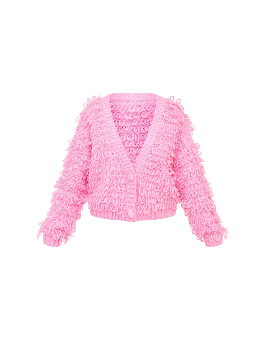 Pink Loop Knit V Neck Button Up Cardigan - 4