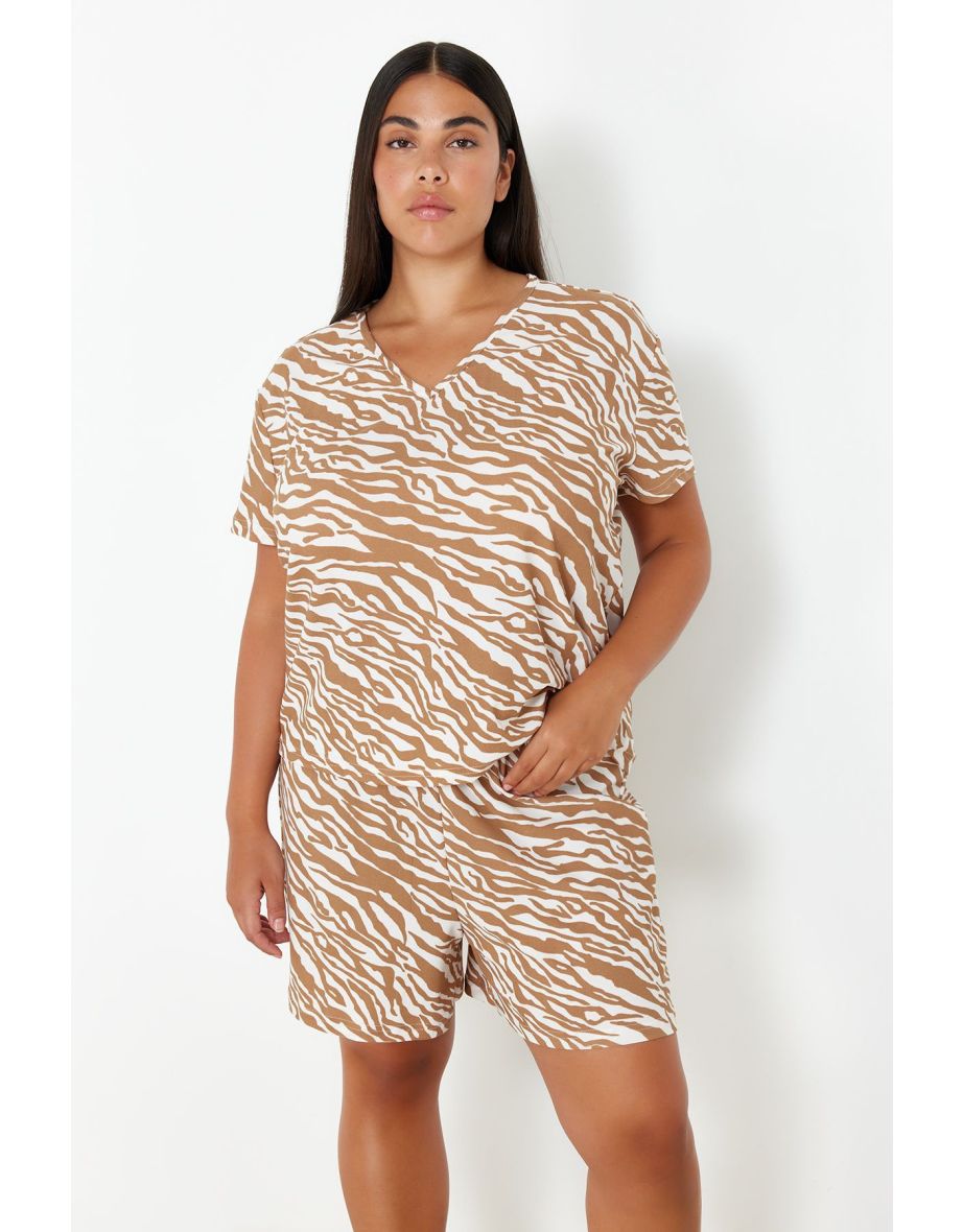 Camel Animal Patterned V-Neck Knitted Pajama Set