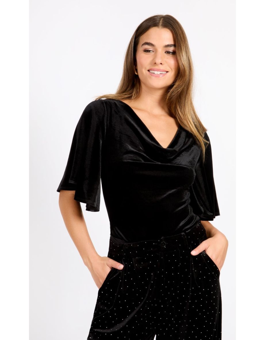 Black Velvet Draped Bodysuit by Vogue Williams