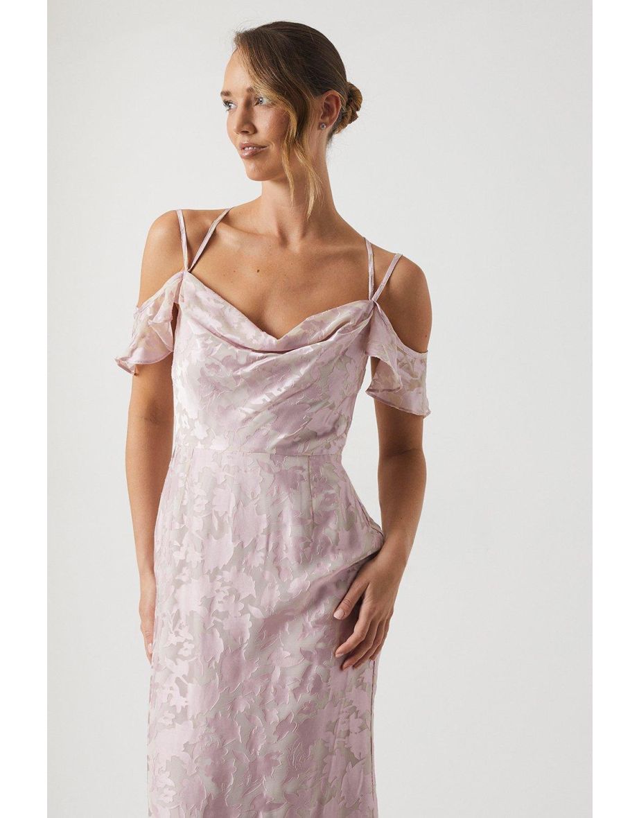 Cowl Neck Drape Sleeve Satin Burnout Bridesmaids Dress - 3