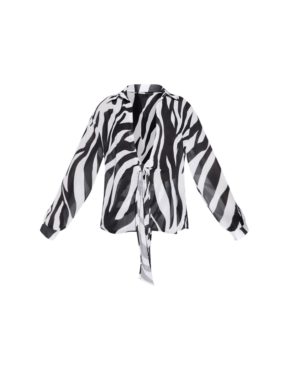 Monochrome Zebra Print Tie Front Oversized Beach Shirt - 4