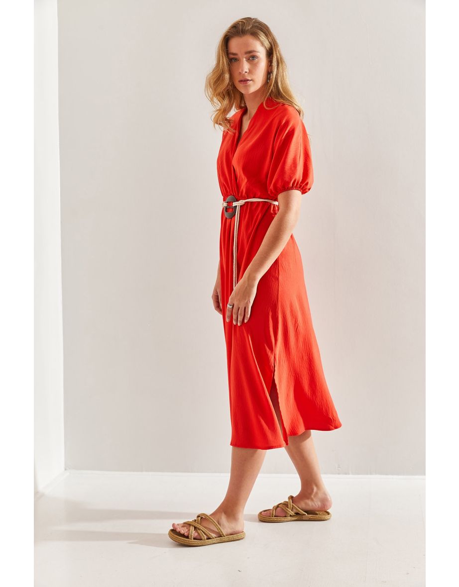 Red A-Line Midi Skater Dress with Short Sleeves - 6